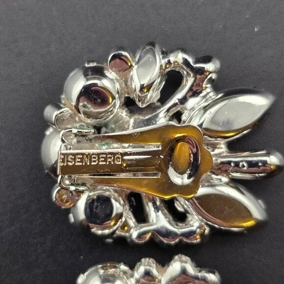 Eisenberg Vintage Rhinestone Clip-On Earrings  Floral Silver-Tone Statement READ - Picture 10 of 11
